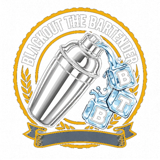 Blackout the Bartender emblem: a chrome cocktail shaker pouring over ice cubes marked B, T, B